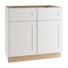 a white cabinet with two doors and one drawer on the bottom, is shown in front of a white background