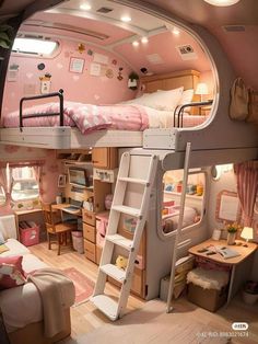 a bedroom with bunk beds and desks in the corner, all decorated in pink