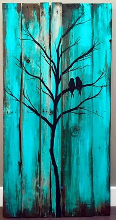 a painting with two birds sitting on top of a tree in front of a blue background