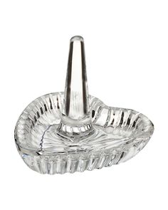 a clear glass ashtray with a metal hook on it's top and bottom