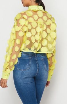 Circle Detail, Mesh, W/Front Button Up Sheer Top Trendy Yellow Button-up Blouse, Acrylic Button-up Outerwear, Yellow Camp Collar Top With Button Closure, Yellow Graphic Print Button-up Shirt, Yellow Button-up Blouse With Button Closure, Sheer Top, Button Up Shirt, Up Shirt, Button Up Shirts