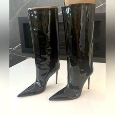 Brand New Amina Muaddi Boots, Never Worn. Unfortunately The Boots Don’t Fit Me So I Decided To Sell Them. They Come With The Box And Dust Bags. They Run Small Amina Muaddi Boots, Muaddi Shoes, Amina Muaddi Shoes, Patent Leather Boots, Amina Muaddi, Stiletto Boots, Purple Leather, Hot Shoes, Leather Booties