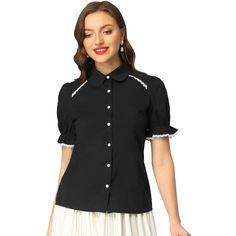 This retro blouse from Allegra K is designed with the lace contrast trim. A perfect option for weekdays and weekends in the sun. Featuing a cute peter pan collar and the contrast design, the top is completed with short sleeves with a button cuff. The modern formal wear meets vintage femininity on this cute shirt, which has a doll collar design and pin tuck at the front. Cotton Button-up Tops With Contrast Collar, Black Tops With Contrast Collar For Summer, Black Top With Contrast Collar For Summer, Summer Collared Tops With Contrast Trim, Collared Tops With Contrast Trim For Summer, Black Tops With Contrast Collar For Spring, Spring Collared Shirt With Lace Trim, Collared Shirt With Lace Trim For Spring, Fitted Top With Contrast Collar For Spring