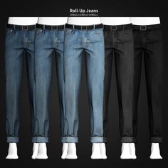 four pairs of jeans are shown in three different colors