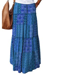 Blue Boho Print High Waist Long Maxi Skirt Blue Tiered Maxi Skirt With Pockets, Blue Flowy Skirt With Pockets, Blue Relaxed Fit Maxi Skirt For Vacation, Casual Blue Maxi Skirt, Casual Blue Maxi Skirt For Beach, Casual Blue Beach Skirt, Long Maxi Skirt, Long Maxi Skirts, Boho Print