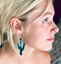 Awesome acetate green Cactus statement earrings. Nickel Free Green Resin Fun Earrings, Casual Green Dangle Earrings, Green Resin Earrings For Summer, Trendy Hypoallergenic Green Earrings, Trendy Green Hypoallergenic Earrings, Casual Green Drop Earrings, Fantasy Western, Succulent Earrings, Sideways Initial Necklace