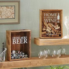 some wine glasses are sitting on a shelf