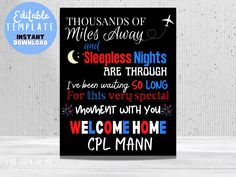 a black poster with the words sleepless nights and welcome home on it's side