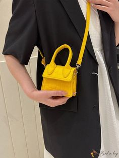 BirdinBag - Neon-Yellow Crocodile Embossed Mini Flap Bag: Compact Style with Flair Flap Bag, Neon Yellow, Yellow Color, Emboss, Polyester Material, Top Handle, Composition, Neon, Product Description