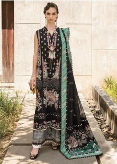 Buy Black and Green Lawn Salwar Kameez Pakistani Eid Dress in Premium Quality Thread Work paired with Printed Dupatta & Trouser. Customizable. Fast Shipping Republic Womenswear, Salwar Kameez Pakistani, Eid Dress, Lawn Design, Semi Formal Wear, Embellished Clothing, Embellished Shirt, Pakistani Fashion Casual, Eid Dresses