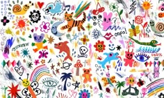 an image of many different colored stickers on a white background with words and symbols