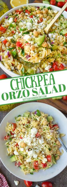 two plates filled with different types of food and the words chickpea orzo salad above them