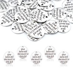 PRICES MAY VARY. Material: lead and cadmium free Zinc alloy with plating treatment. Quantity: 30pcs /pack. Size:0.9"(23mm), hole diameter: approx 0.08-0.12"(2-3mm). Color: silver. Single sided, message charm: She believed she could so she did. Perfect for necklace, bracelet, dangle, scrapbooking project, keychain, keyring, sweater chain, anklet, cellphone decorative accessories, etc. Best choice for jewelry DIY. Inspire someone to achieve his/her goal. Use to build personalized lucky charm, make Diy Message, She Believed She Could, Bracelet Charms, Motivational Messages, Jewelry Making Charms, Inspirational Message, Round Pendant, Scrapbooking Projects, Fashion Jewelry Necklaces