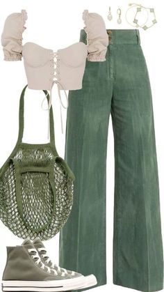 Podcast Outfit Ideas, Feminine Pants Outfit, Pretty Outfits Spring, Light Aesthetic Outfits, Sage Green Outfit Ideas, Colorful Casual Outfits, Green Inspired Outfits, Style Aesthetics Types, 1800s Outfits