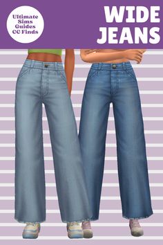 two women wearing wide jeans with the words wide jeans