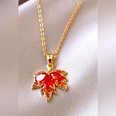 Golden Maple Leaf Pendant Zirconia Inlaid Necklace - Perfect For Fall See Closet For Matching Earrings And Matching New T-Shirt. Leaf Jewelry Necklace, Flame Necklace, Perfume Locket, Heartbeat Necklace, Paper Beads Necklace, Autumn Necklace, Candy Necklaces, Book Jewelry, Handmade Beaded Necklaces