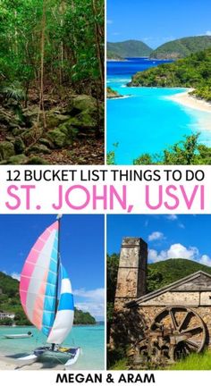 four pictures with the words 12 bucket list things to do in st john, usvi