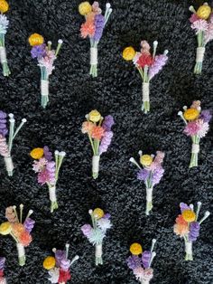 many flowers are arranged in rows on the ground