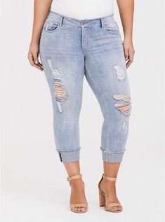 Plus Size Crop Boyfriend Jean - Distressed Light Wash, CLEAR DAY White Boyfriend Jeans, Cropped Boyfriend Jeans, Curve Fashion, Boyfriend Jean, Jeans Distressed, Plus Size Womens Clothing, Plus Size Jeans, High Jeans, Ripped Jeans