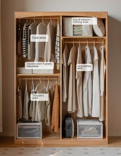 an organized closet with clothes and other items labeled on the shelves in front of it