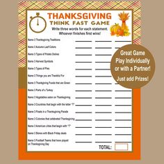 the thanksgiving think fast game is shown with an orange background and a brown circle around it