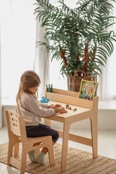 The Listing consists 2 items:  one Wooden Table with Bookshelf ＋ one Wooden chair + Personalization (optional) The height of this Table and Chair Set is just right for toddlers and preschool-aged children. It is the perfect size for kids to eat, read books, color, do arts and crafts, play board games and just have fun.  The ideal solution for kids' playrooms, nursery rooms, or in the living room The design is based on the basic principles of Montessori pedagogy for developing the child's indepen Montessori Pedagogy, Toddler Play Table, Montessori Table And Chair, Baby Bookshelf, Game Table And Chairs, Montessori Table, Kids Playrooms, Kids Desks, Bureau Decor