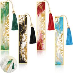 PRICES MAY VARY. Quantity and Style: you will get 4 resin gilt bookmarks for women in different colors, including black gilt, blue gilt, green gilt and red gilt; Each one with a different color tassel, delicate and beautiful; They are enough for your daily needs and can be given as gifts to your friends and classmates Beautiful design: each bookmark has a gilt pattern, which is stylish and delicate, and the smooth lines can better show your taste Wide Range of Uses: the gilt book marks with tass Resin Bookmarks, Feather Bookmark, Penanda Buku, Origami For Beginners, Bookmarks For Books, Tassel Bookmark, Paper Bookmarks, Reading At Home, Flower Bookmark