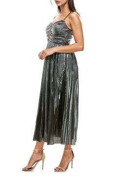 Turn heads in this shimmering metallic maxi designed with fine allover pleats for eye-catching texture and graceful movement. Hidden back-zip closure Sweetheart neck Adjustable straps Side-seam pockets Lined 100% polyester Machine wash, line dry Imported Foil Dress, Maxi Design, Graceful Movement, Favorite Daughter, Silver Dress, Designer Clothes For Men, Modern Outfits, Sweetheart Neck, Sleeveless Maxi Dress