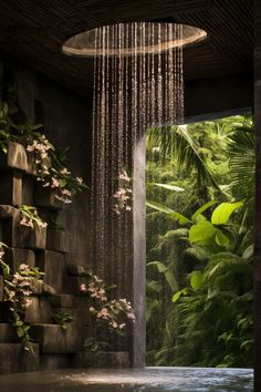 a shower head in the middle of a room with lots of plants and water coming from it