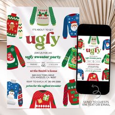 an ugly ugly sweater party is on the table next to a cell phone and paper