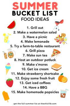 the summer bucket list is shown in red and white, with an image of food items