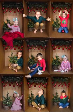 a couple of kids sitting on top of a wooden box next to christmas trees and presents