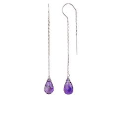 "Amethyst Threader earrings made with natural purple Amethyst gemstones. Wonderful February Birthday gift, a gift for the wife for the 6th and 17th wedding anniversary. Gift for mom, bride or just yourself. Threader earrings can be worn weaved through a second ear piercing hole for a unique and chic style. Matching necklace: https://etsy.me/3bNJdws MATERIALS: * natural amethyst * dangling from: thread-through or U-shape threaders * 14k Gold Filled / 14k Rose Gold Filled / Sterling Silver / 14k S Purple Briolette Fine Jewelry Earrings, Fine Jewelry Purple Drop Earrings, Purple Long Drop Earrings With Ear Wire, Purple Amethyst Earrings For Pierced Ears, Purple Amethyst Jewelry For Pierced Ears, Purple Amethyst Drop Teardrop Earrings, Purple Amethyst Teardrop Earrings, Purple Sterling Silver Teardrop Dangle Earrings, Purple Gemstone Teardrop Dangle Earrings