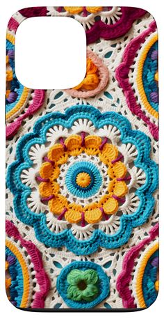 a colorful crocheted pattern on the back of a cell phone case that is designed to look like a flower