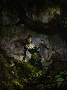 a woman standing in the woods surrounded by other people