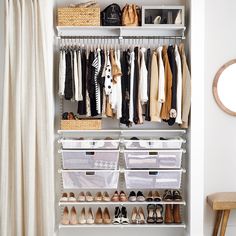 an organized closet with clothes and shoes