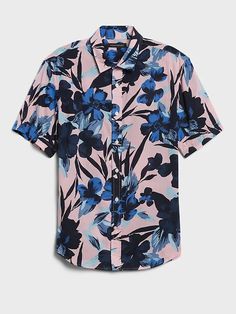 Untucked Slim-Fit Organic Cotton Shirt | Banana Republic Classic Summer Printed Shirt, Classic Floral Print Tops For Summer, Summer Workwear Printed Shirt, Classic Printed Tops For Summer, Classic Printed Spring Shirt, Summer Floral Print Shirt For Workwear, Styles For Living Room, Neon Jungle, Cotton Lawn Fabric