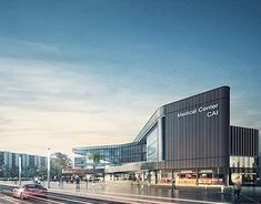 an artist's rendering of the medical center in front of a building with cars driving by