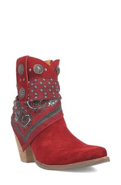 Embrace your inner outlaw in this showstopping Western boot featuring a bandana accent and antiqued hardware on the shaft. 3" heel 7" shaft Inset side-zip closure Cushioned insole Leather and textile upper/textile lining/synthetic sole Imported Western Style Red Leather Moto Boots, Red Leather Heeled Boots For Rodeo, Bohemian Red Leather Boots, Western Red Boots With Snip Toe, Western Red Leather Moto Boots, Western Red Snip Toe Boots, Red Western Style Mid-calf Boots, Upcycle Shoes, Oc Outfits