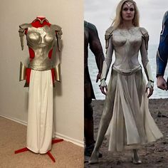 two pictures of the same costume on display