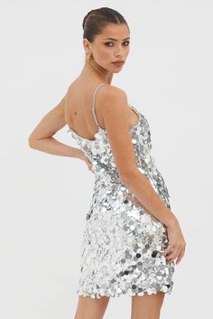 Shop the Moon Dust Sequin Mini Dress Silver | Selfie Leslie Silver Homecoming Dresses, Disco Ball Dress, Disco Party Outfit, Silver Sequin Dress, Sequin Embellishment, Steal The Spotlight, Moon Dust, Dress Sequin, Dress Silver