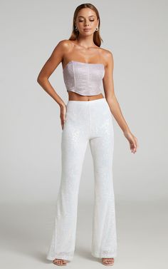 Deliza High Waisted Sequins Flare Pants in Iridescent White | Showpo USA White Sequin Pants, High Wasted Pants, Sparkly Pants, Sequin Flare Pants, 70s Pants, Sequin Pant, Disco Pants, Sequin Pants, Sequin Wedding