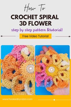 A photo and partial video tutorial are shown. Learn How to crochet this How to Crochet a Spiral 3D Flower. Made here in orange and pink colours of yarn. This is a free crochet pattern. Free Video Tutorial by an expert crocheter. HookedByRobin.com