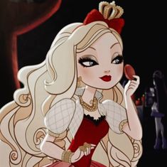 a cartoon girl with long blonde hair talking on a cell phone while wearing a red dress