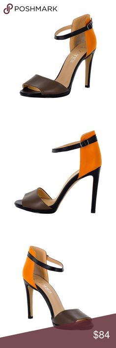 DEVA Multi Color Black Orange Brown Leather Heels Unleash your inner diva in these black, tangelo and chocolate brown "Deva" heels. Perfect for work and play, this style will take you anywhere from the day to night. These stiletto heels feature the high quality, handmade, vegan leather upper with a strap vamp and open toe, ankle strap with a side buckle closure.  Designed with a lightly cushioned, vegan leather lined sole. Genuine leather counter protects your heel and gives you greater comfort Orange Closed Toe Evening Sandals, Evening Closed Toe Orange Sandals, Elegant Orange Evening Sandals, Open Toe Heels With Contrasting Heel Counter For Office, Office Open Toe Heels With Contrasting Heel Counter, Office Open Toe Heels With Contrasting Heel, Orange Party Heels With Removable Insole, Chic Orange Heels With Removable Insole, Elegant Orange Sandals With Padded Heel