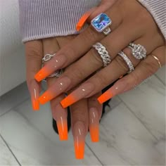 Red Nail Designs Summer Acrylic, Spring Coffin Nail Ideas, Ombre Nail Colors Ideas, Coffin Acrylic Nails Ideas, Bright Neon Nails, Orange Acrylic Nails, Nails Orange, Nail Work