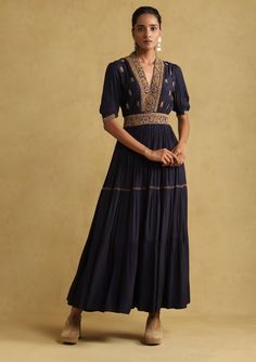 Ritu Kumar-Navy Blue Embroidered Dress-INDIASPOPUP.COM Blue Embroidered Dress, Ritu Kumar, Puff Sleeve Dress, Flared Dress, Intricate Embroidery, The Navy, Puffed Sleeves Dress, Tiered Dress, Handmade Clothes