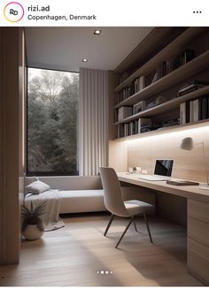 a room with a desk, chair and bookshelf next to a large window