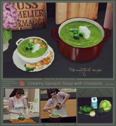 a collage of photos showing creamy spinach soup with croutons