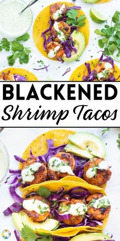 blacked shrimp tacos with avocado and cilantro sauce on the side